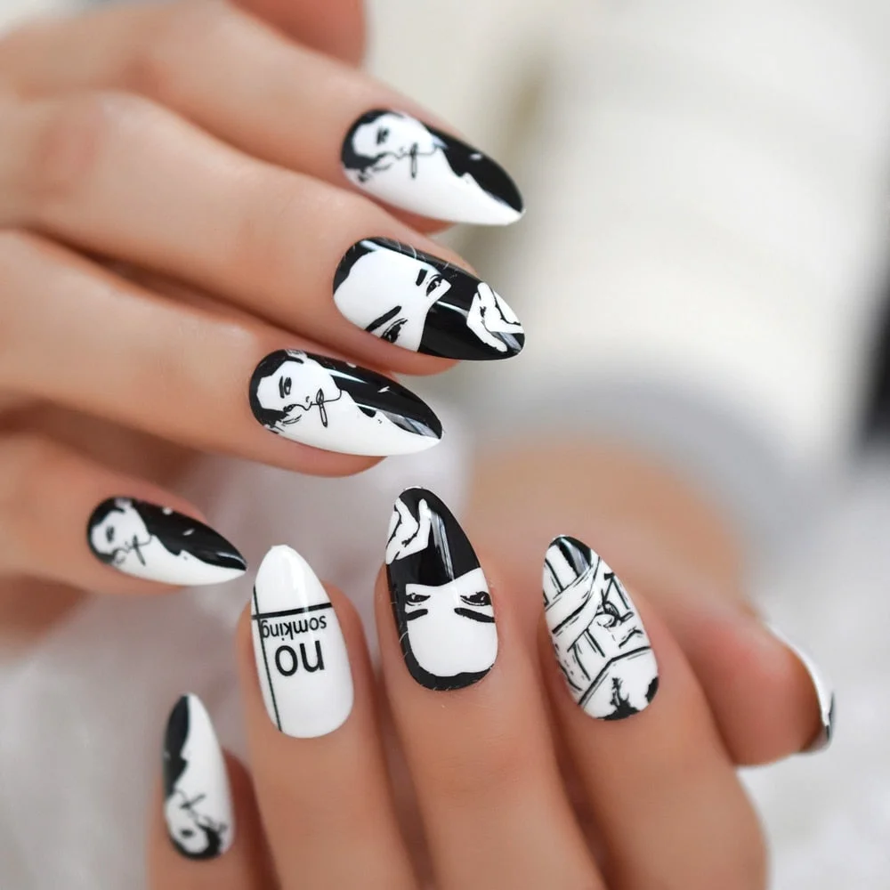 24Pcs Medium Coffin Ballerina Black Chrome Edge Nail Tips Wholesale Full Cover Nails Gels Nails Artificial False Nail-Nail Inspo