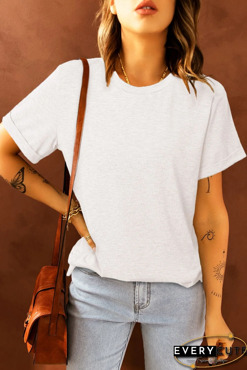 White Solid Color Crew Neck Tee