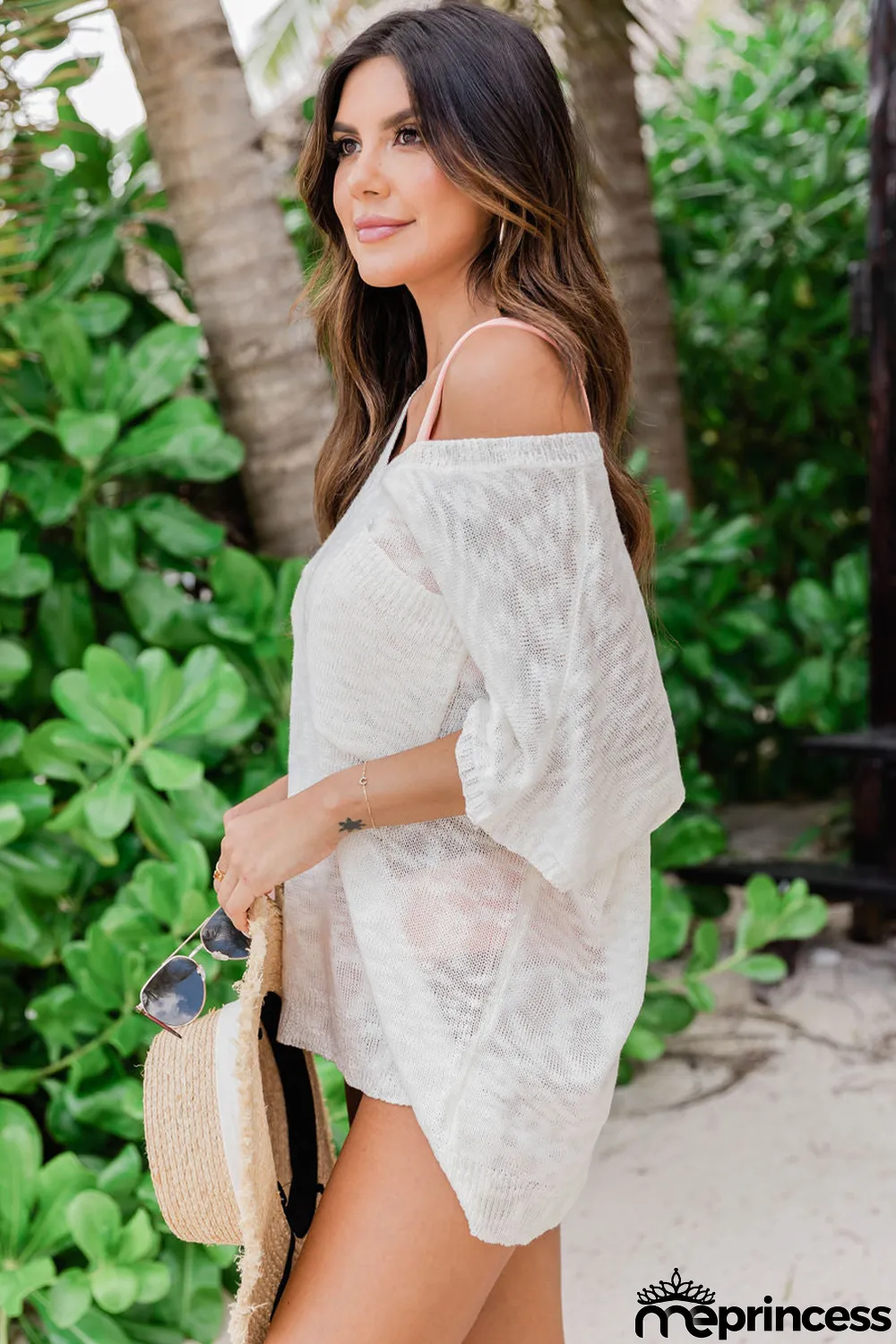 Beige V Neck Knitted Short Sleeve Top with Pocket