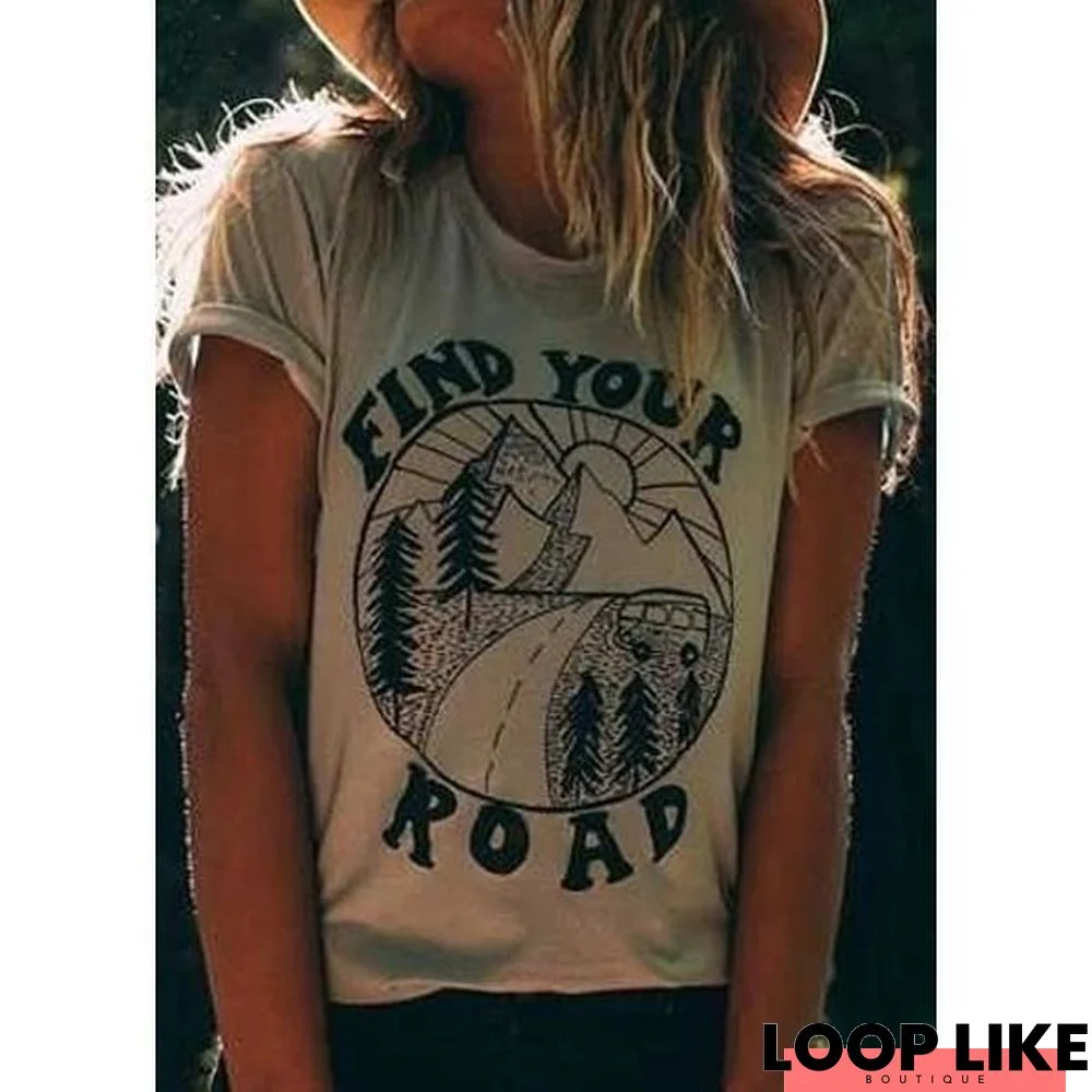 Women Short Sleeve Find Your Road Print O-Neck T-Shirt Casual Fashion Light Khaki Tops Tee