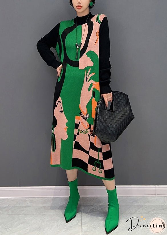 Vogue Green O-Neck Print Knit Maxi Dress Fall