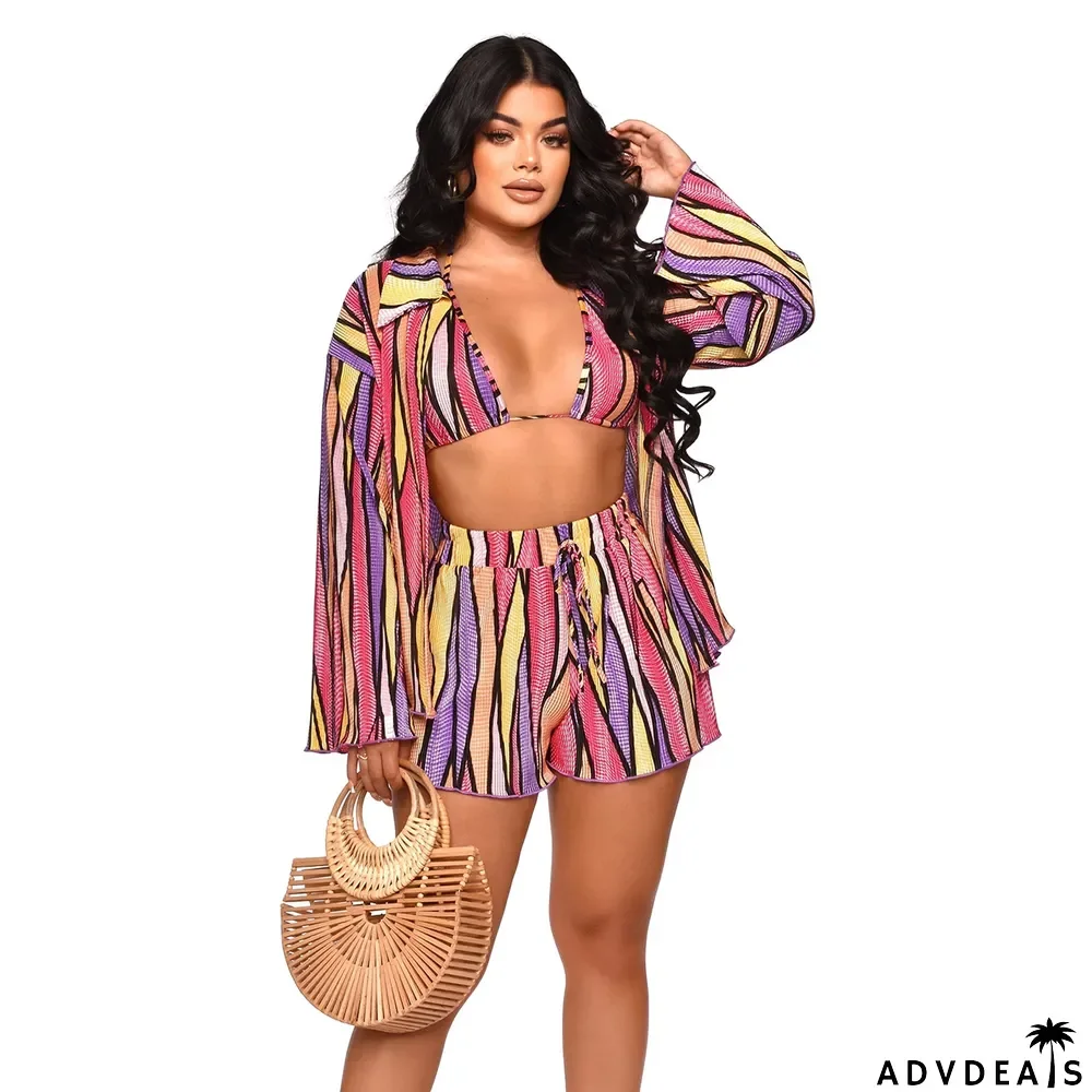 Sexy Print Cross Halter Bra+Cardigan+Short Three Piece Sets