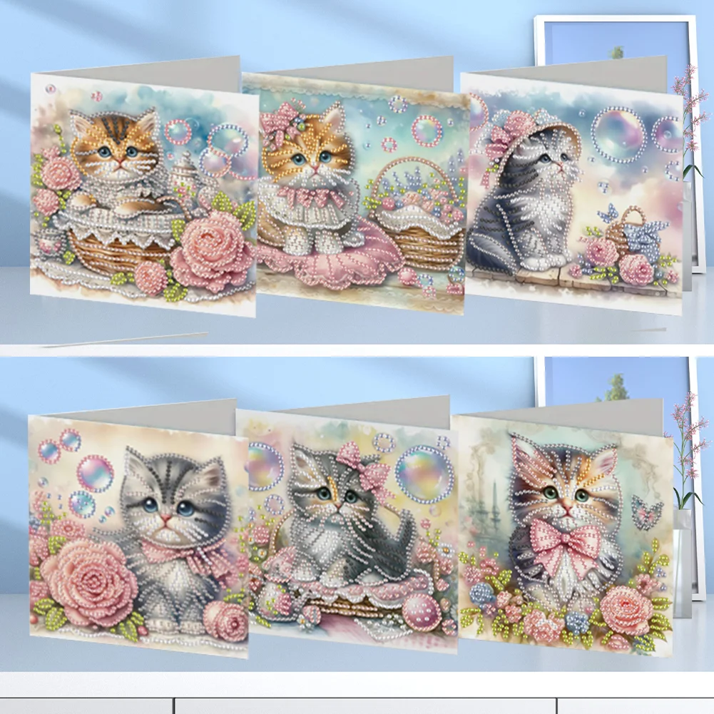6Pcs 5D DIY Cat Diamond Painting Greeting Card Craft for Friend Family Lover
