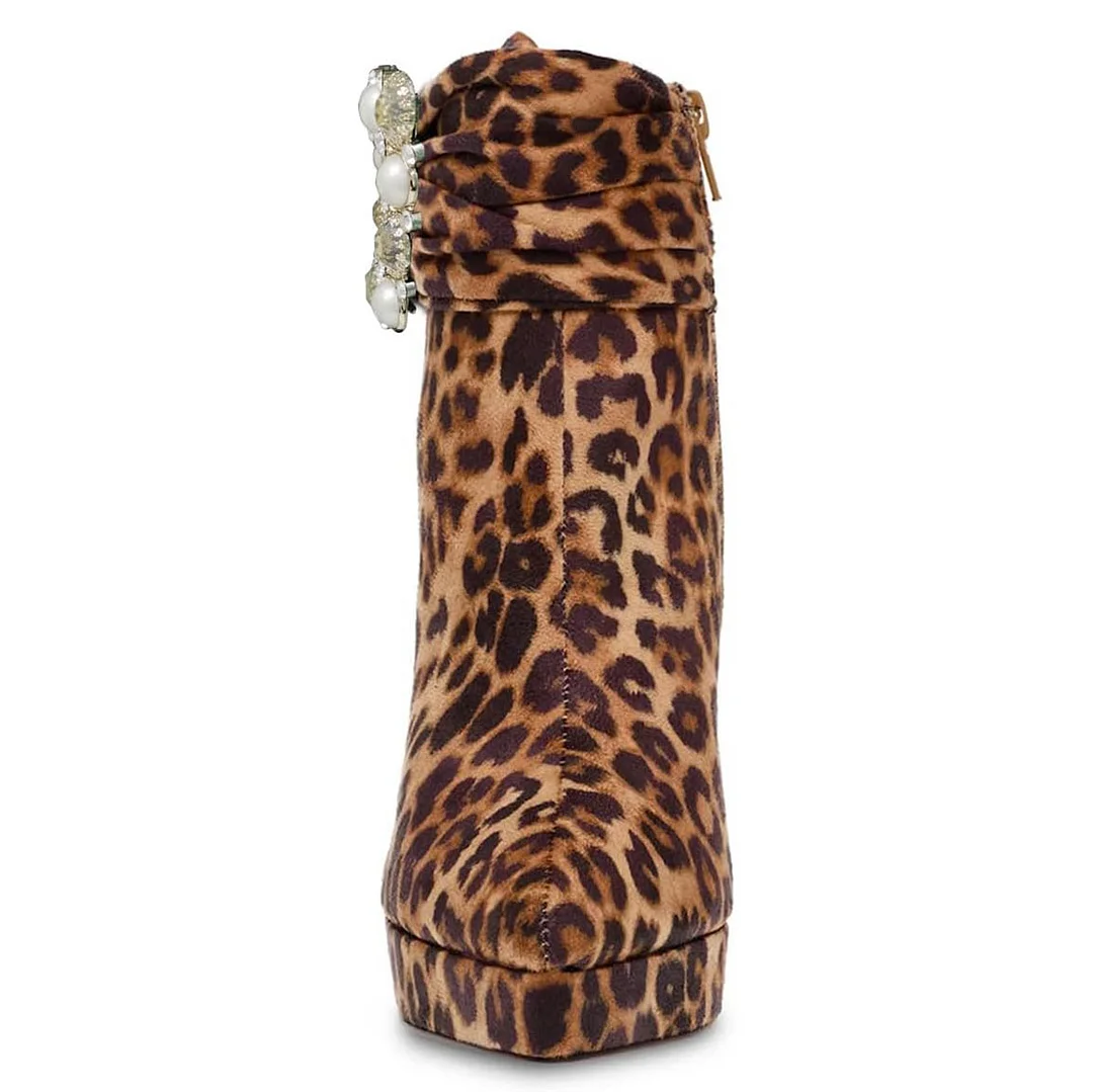 Leopard Print Pointed Toe Chunky Heel Pearls Buckle Ankle Boots