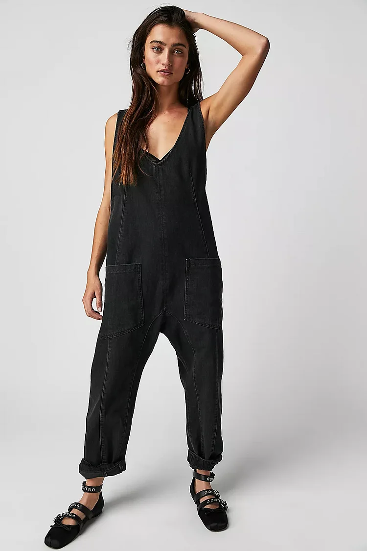 Casual Solid Color V-Neck Jumpsuit