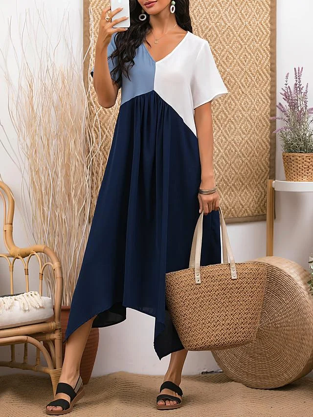 Women's A-Line Dress Midi Dress - Short Sleeve Color Block Color Block Spring & Summer V Neck Stylish Light Blue