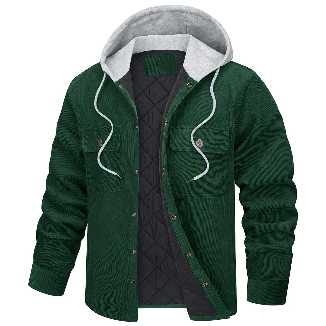 Men's Corduroy Cotton Hooded Jacket Long Sleeves Thickened Multi-pocket Warm Jacket Coat