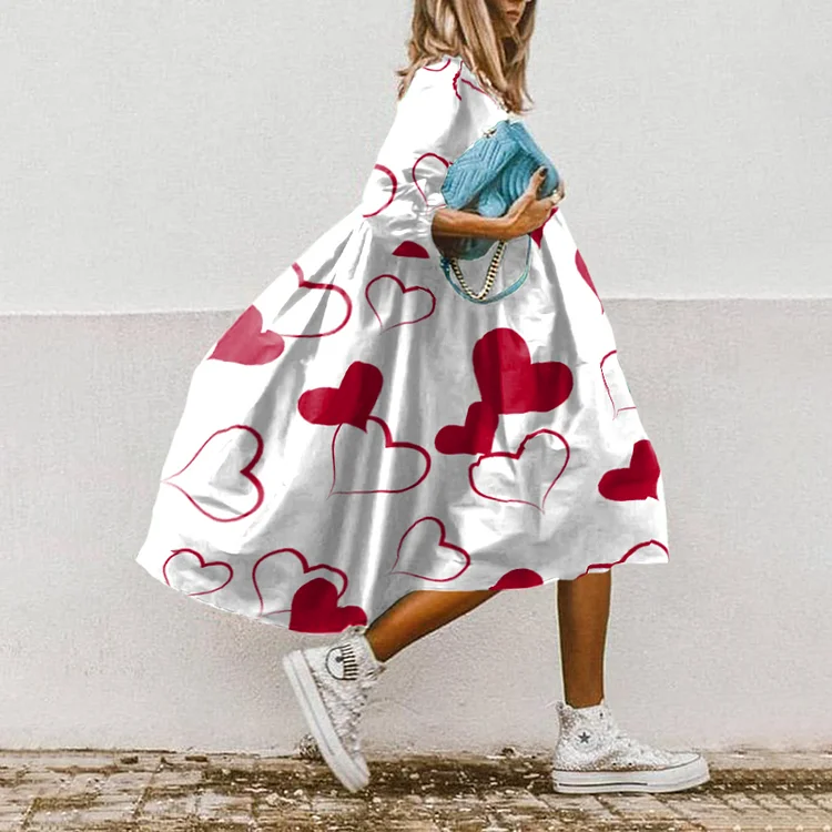 Love Heart Print Color Block Round Neck Short Sleeve Midi Dress