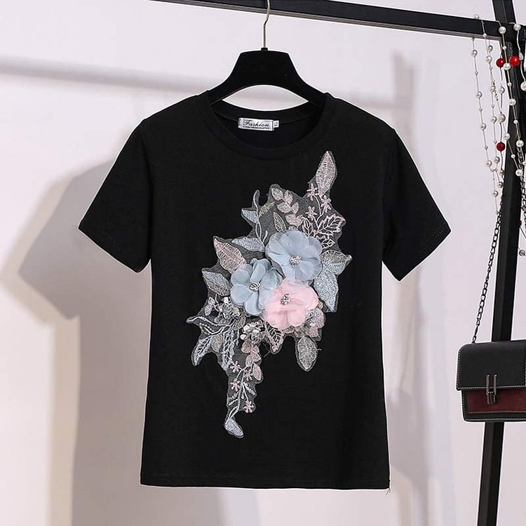 Blossom Embroidery Casual T-Shirt - Modakawa modakawa