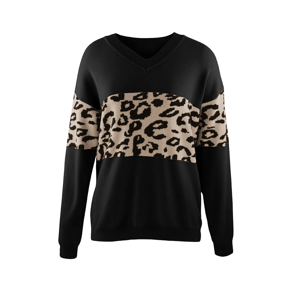 Athvotar Athvotar Autumn And Winter New V-Neck Spliced Knitted Shirt Women's Jacket Leopard Print Women's Sweater
