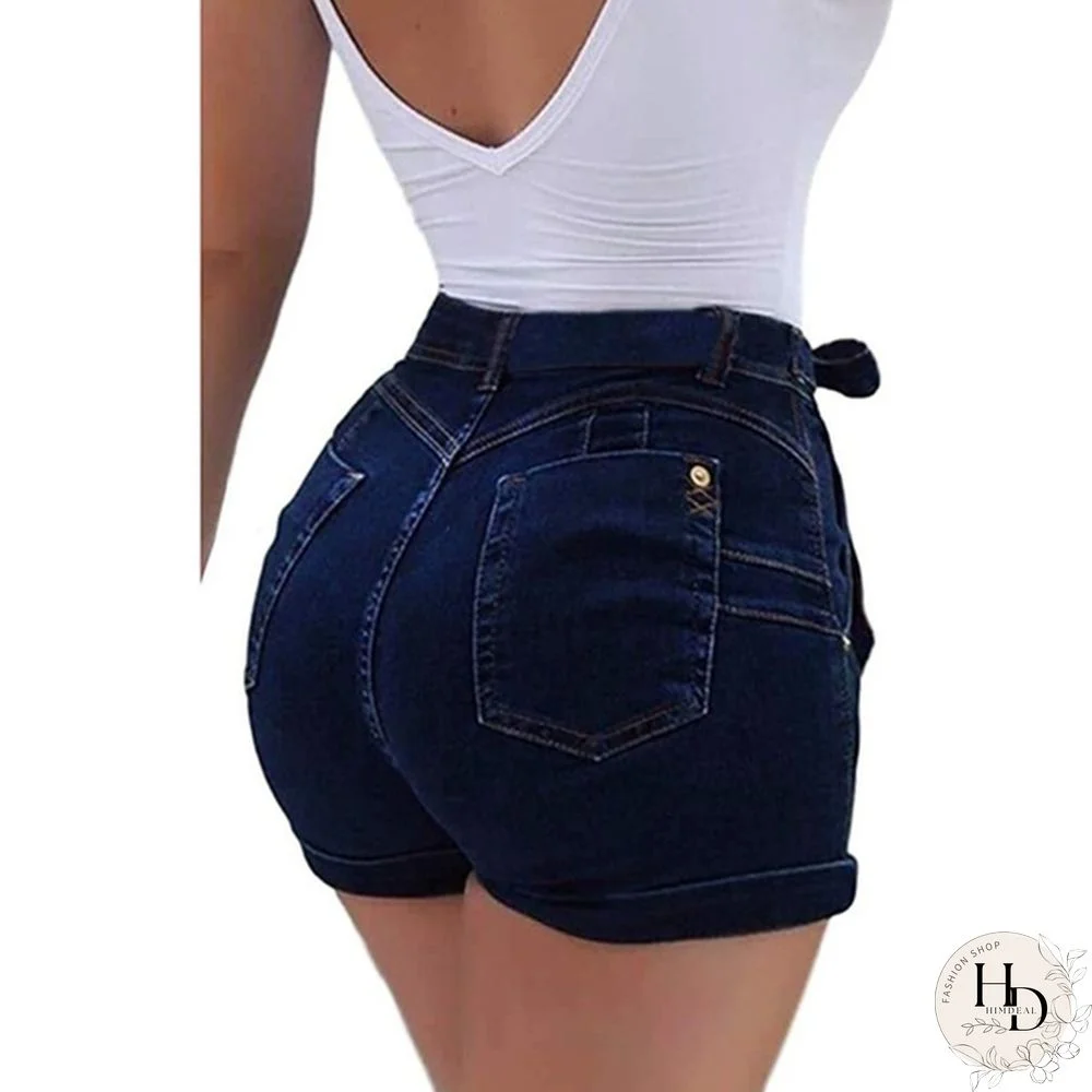Women's mid-Waist Denim Belt Washed Denim Shorts Slim fit Casual Classic Shorts Jeans Summer Denim Shorts