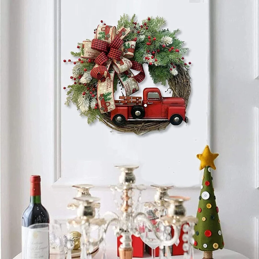 Red Farmhouse Truck Outdoor Christmas Wreath Winter Wreath