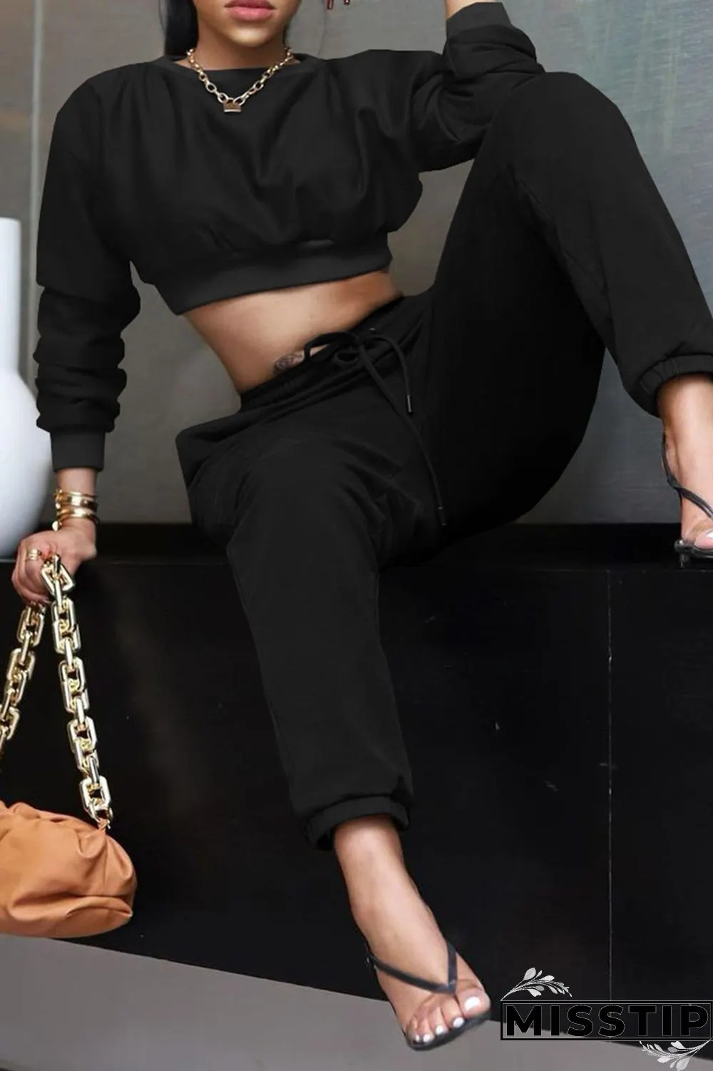 Coffee Fashion Casual Solid Basic O Neck Long Sleeve Two Pieces