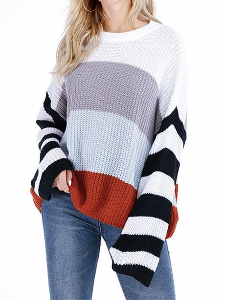 Women's Long Sleeve Scoop Neck Striped Stitching Loose Sweater Top