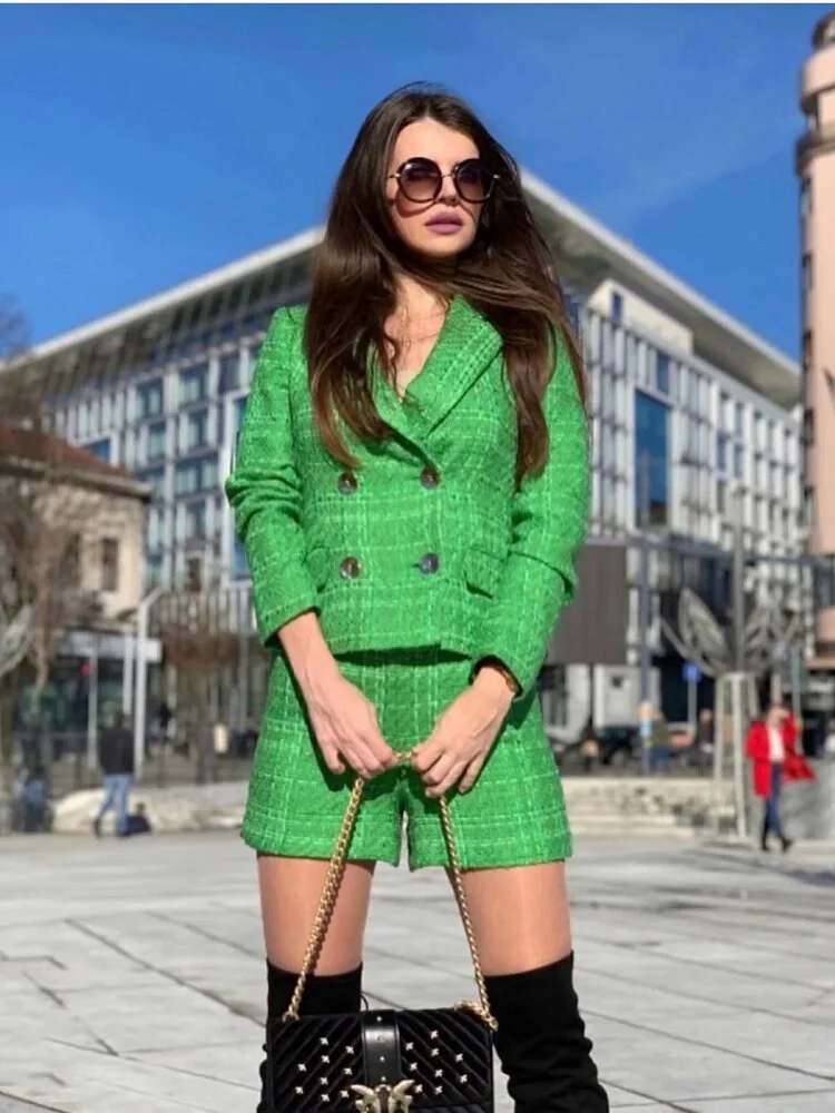 Stylish Chic Green Shorts Suits Women 2021 Fashion Long Sleeve Cropped Blazers Side Zipper Skirts Suits Female Casual Sets