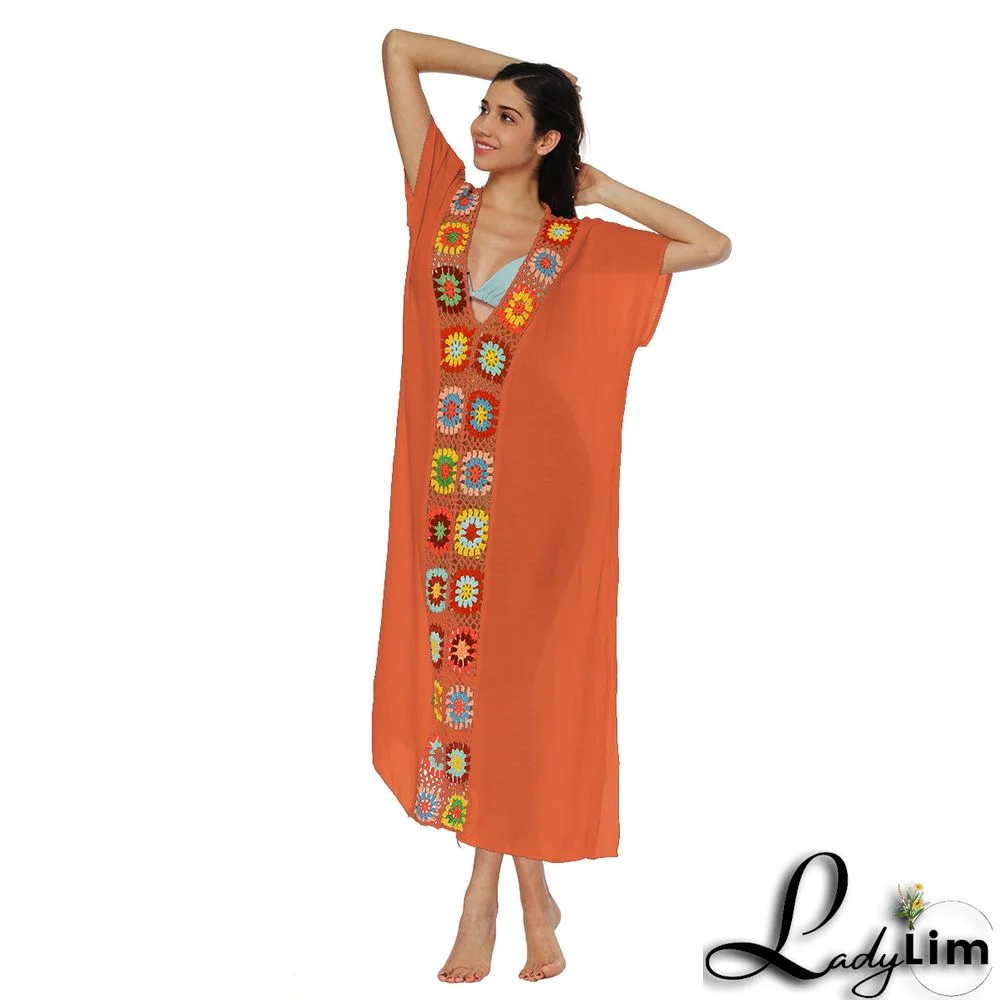 Women's Crochet Patchwork V-Neck Slit Sexy Long Dress Beach Cover-Up Dress