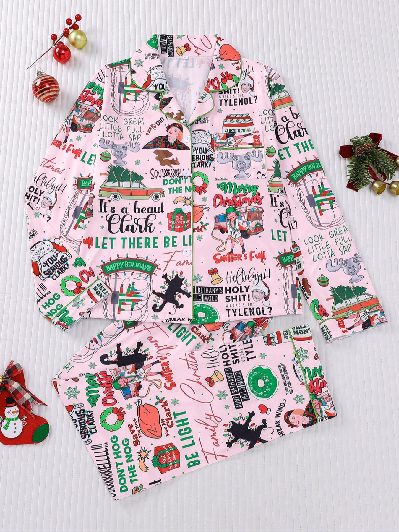 【Christmas Pajamas】It's A Beaut Clark Christmas Women's Set, Long Sleeve Button Front Top & Elastic Pants, Soft Comfortable Holiday Sleepwear & Loungewear for Women