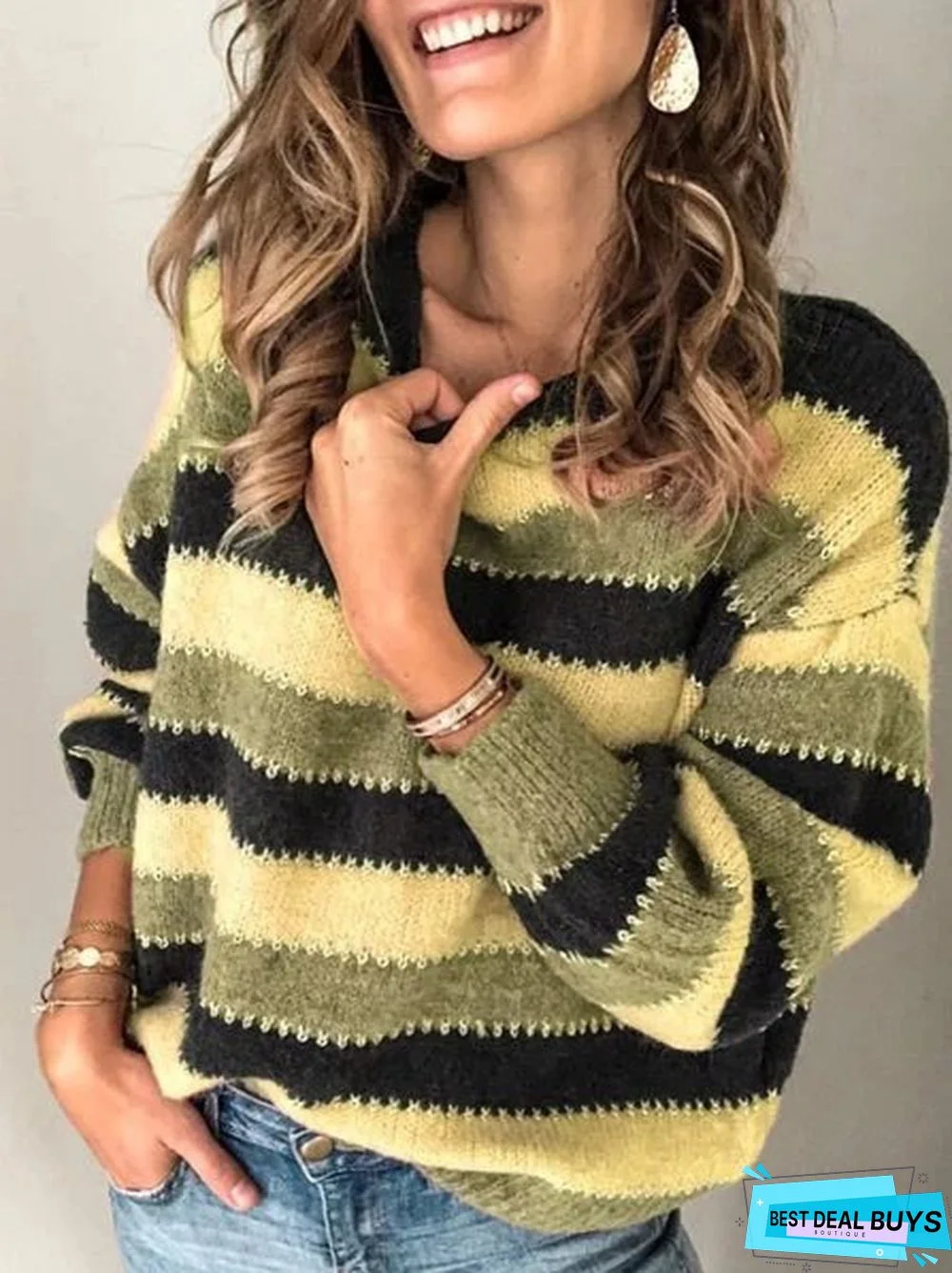 Plus Size Long Sleeve Crew Neck Striped Printed Casual Sweater