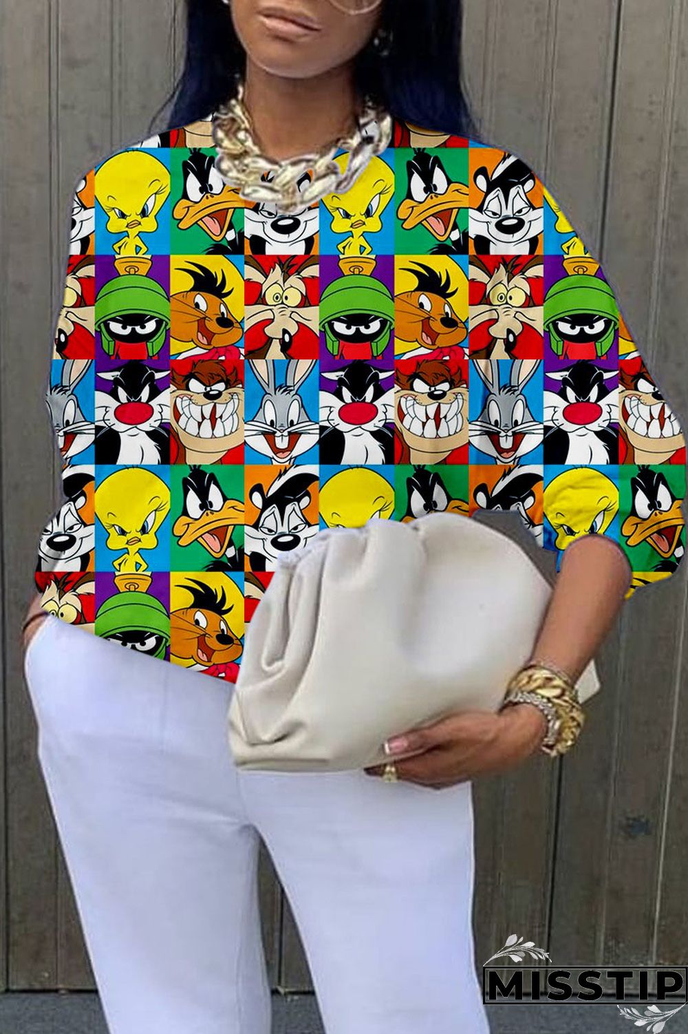 Blue Casual Street Print Patchwork O Neck Tops