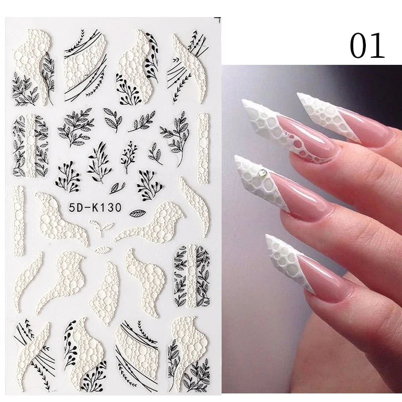 1PC French 5D Nail Sticker Embossed Flower Bubble Pattern Self-Adhesive Slider Wedding Design Nails Decals Nail Art Decoration
