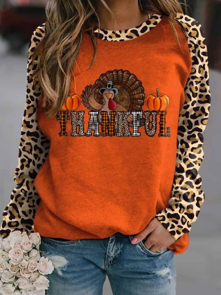 BrosWear Thankful Pumpkin Turkey Paneled Leopard Sweatshirt