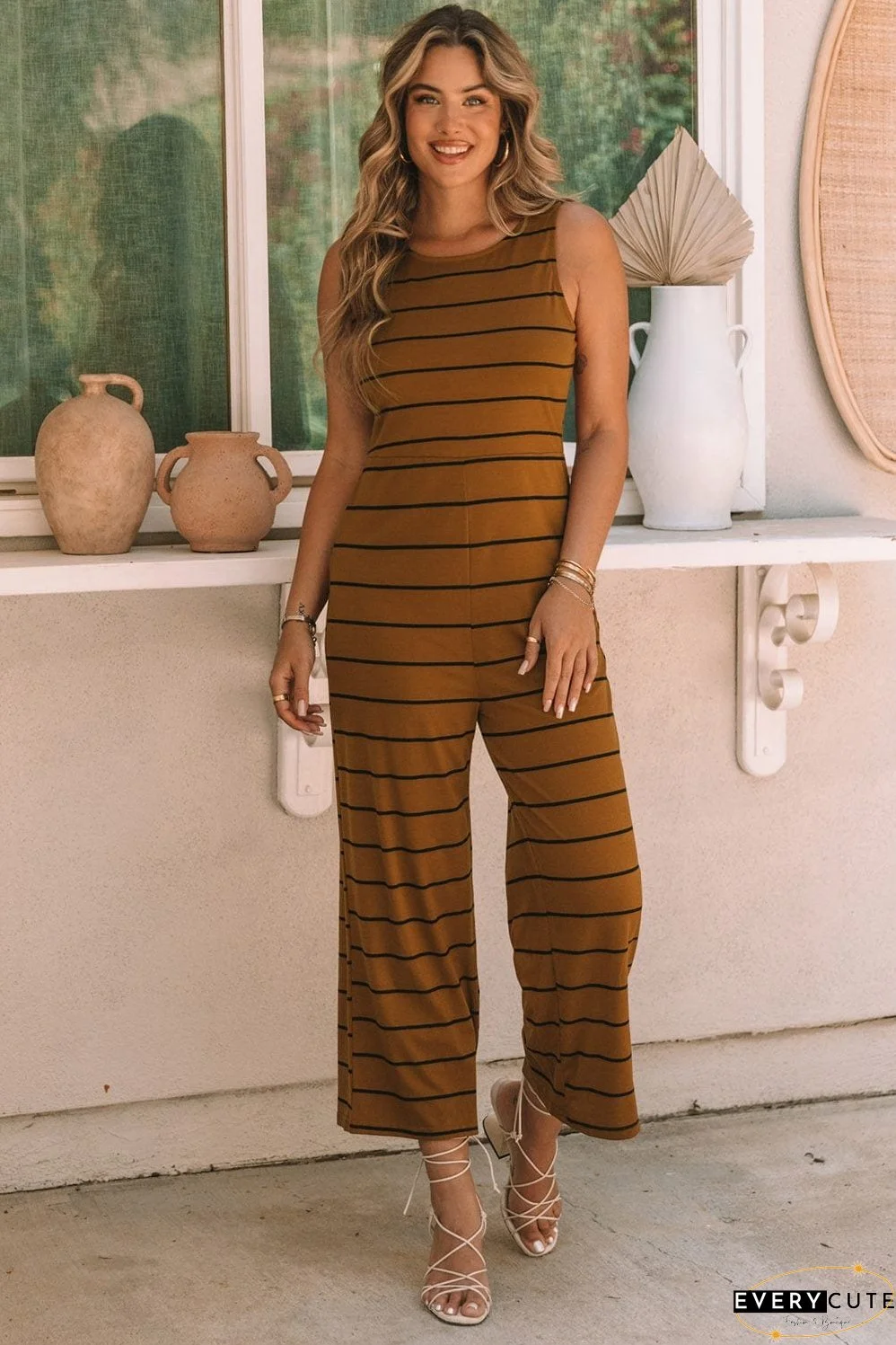 Chic Rust Striped Sleeveless Jumpsuit with Wide Legs