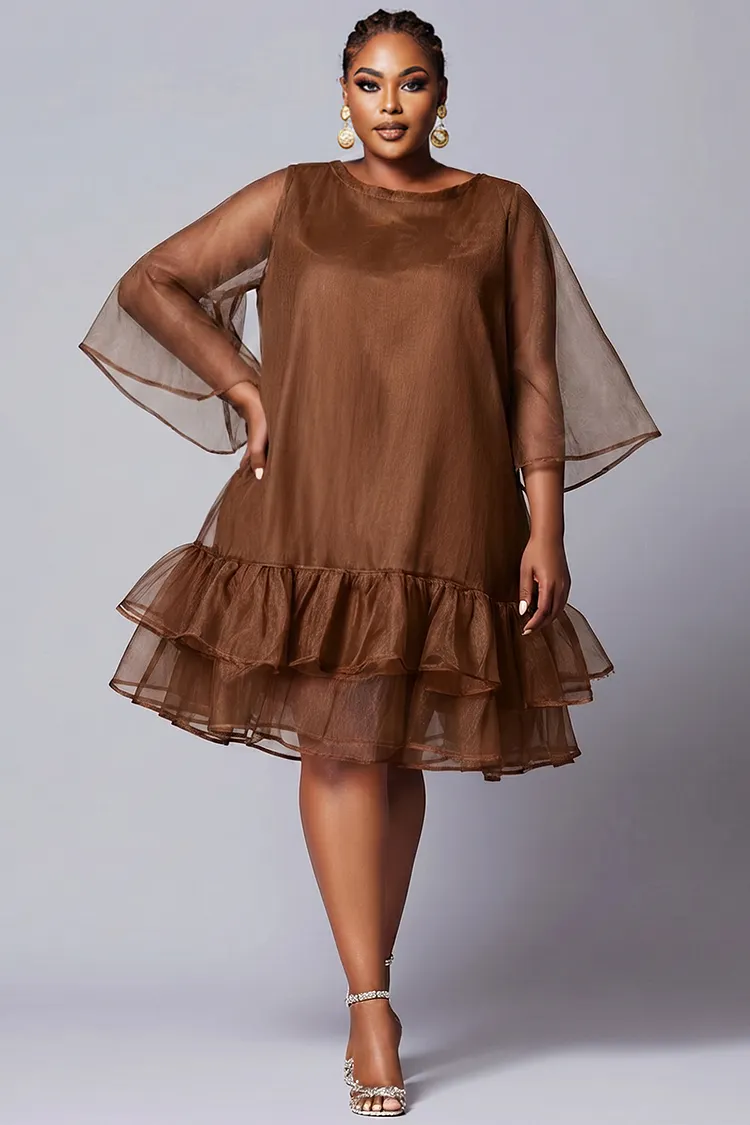 Xpluswear Design Plus Size Party Elegant Brown Round Neck Flare Short Sleeve Ruffle Organza Midi Dresses [Pre-Order] 2024 - Xpluswear