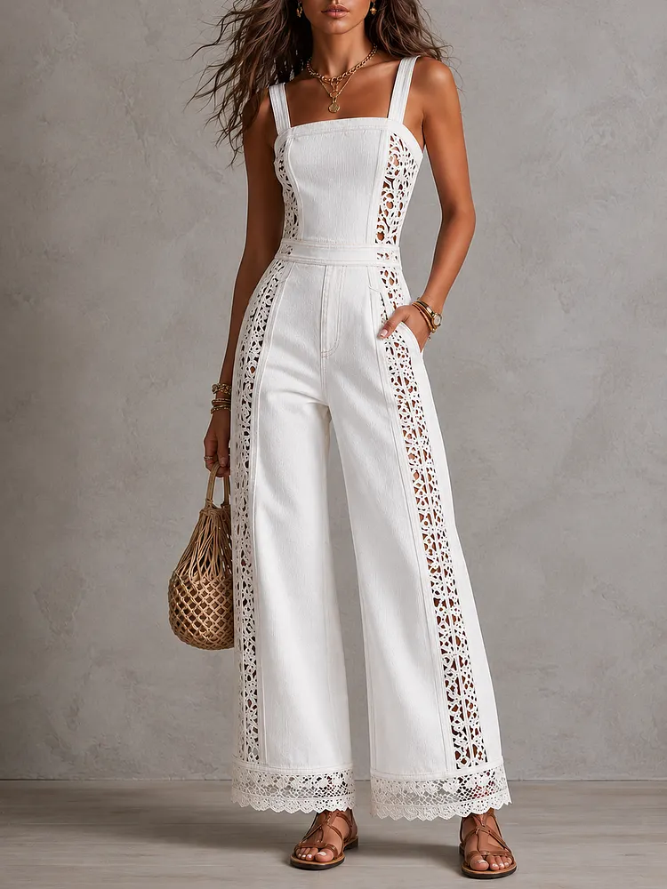 Boho White Denim Square Neck Crochet Lace Wide Legs Jumpsuit