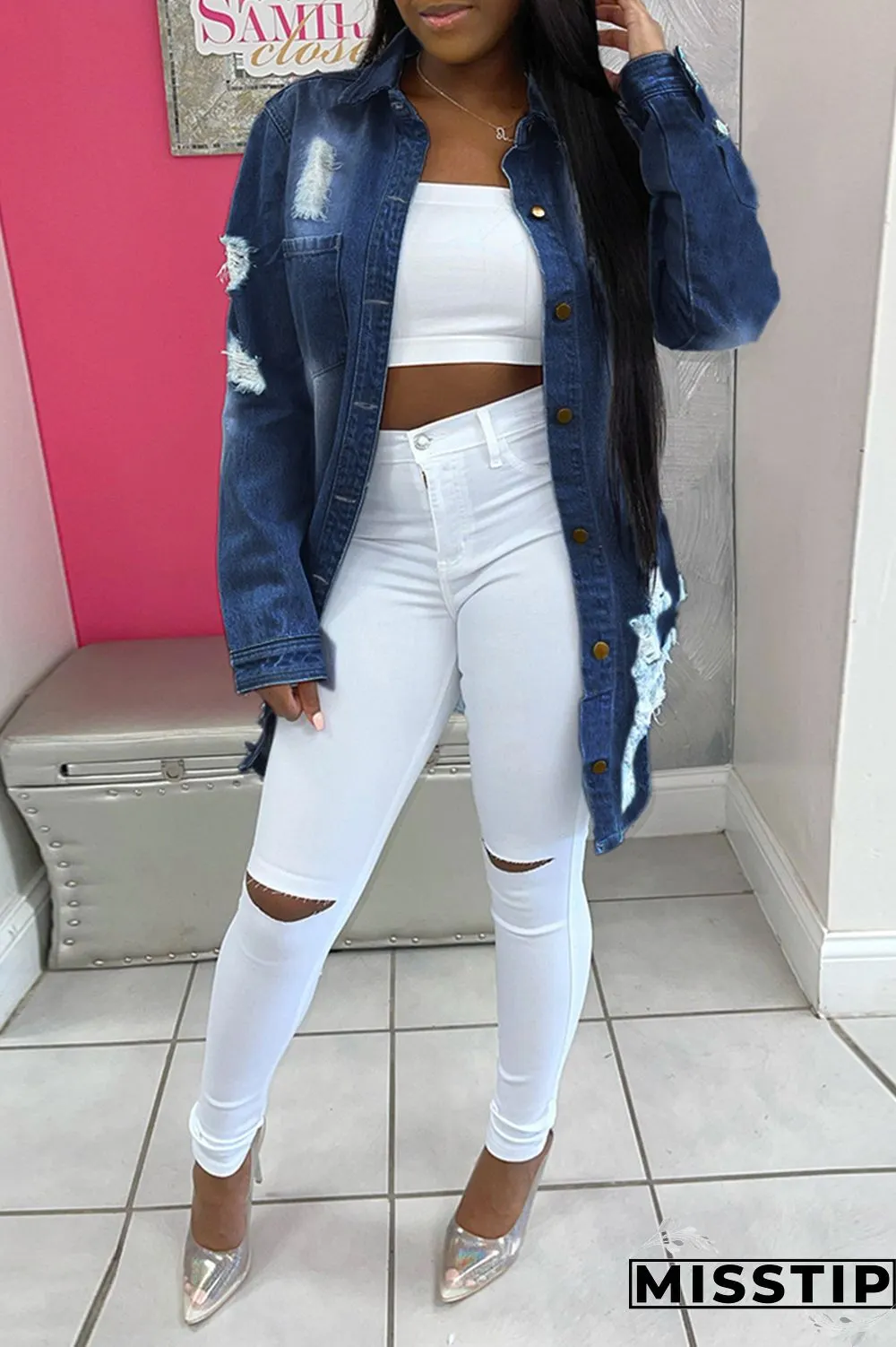 Deep Blue Fashion Casual Solid Ripped Turndown Collar Long Sleeve Regular Denim Jacket