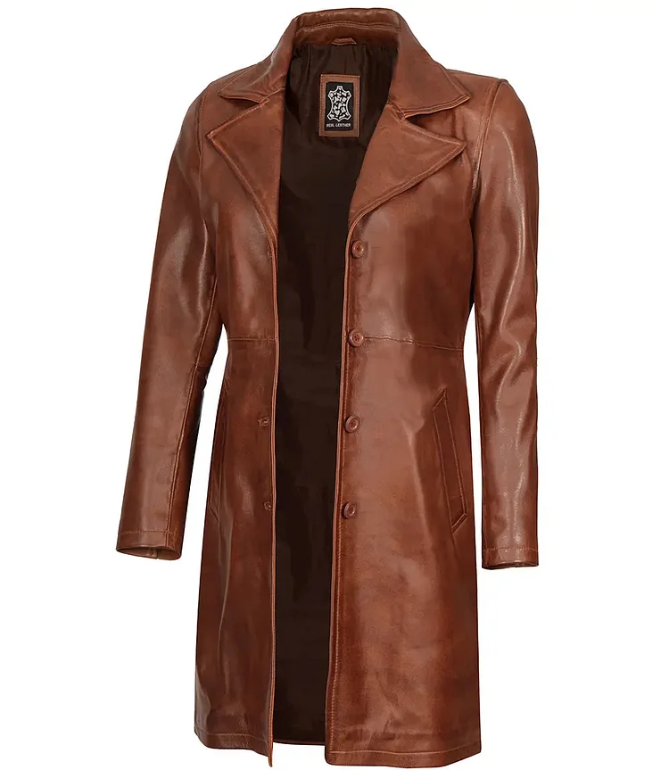 Bryson Women's Cognac Brown Leather 3/4 Length Coat QueenFunky