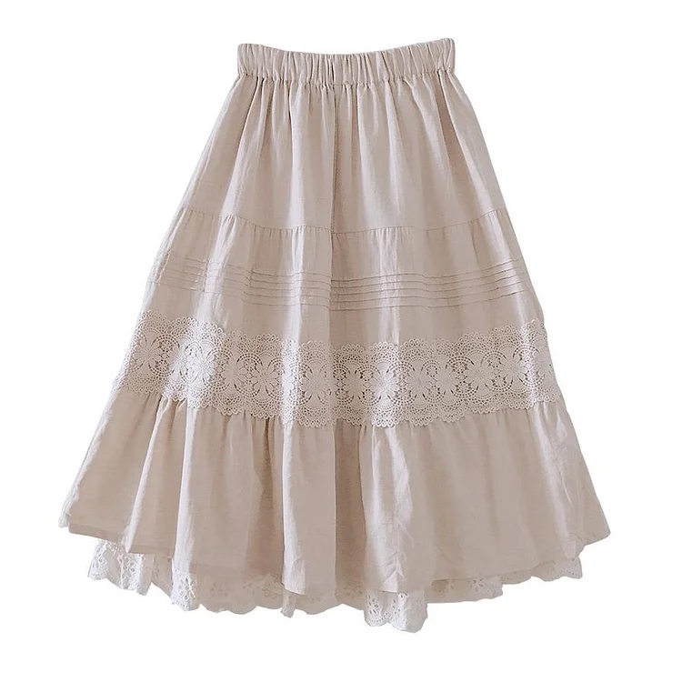 Queenfunky cottagecore style Linen Double Layered Skirt With Lace Hem QueenFunky
