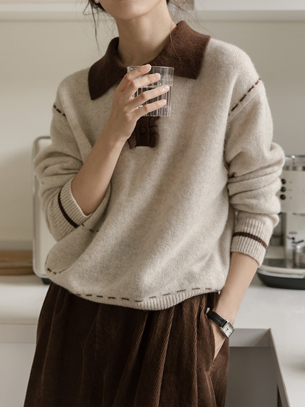 Contrast Polo Knit Sweater