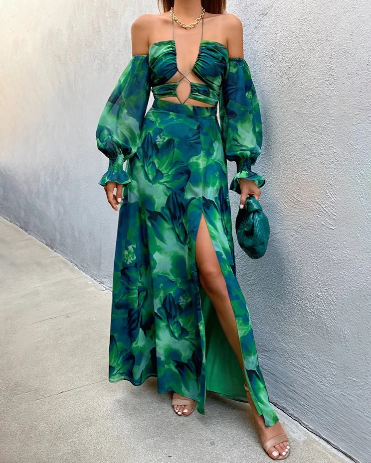 resort chiffon print sexy maxi dress