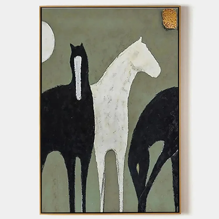 THREE HORSES: Minimalist Horse Painting, Vertical Wall Art（Canvas painting）