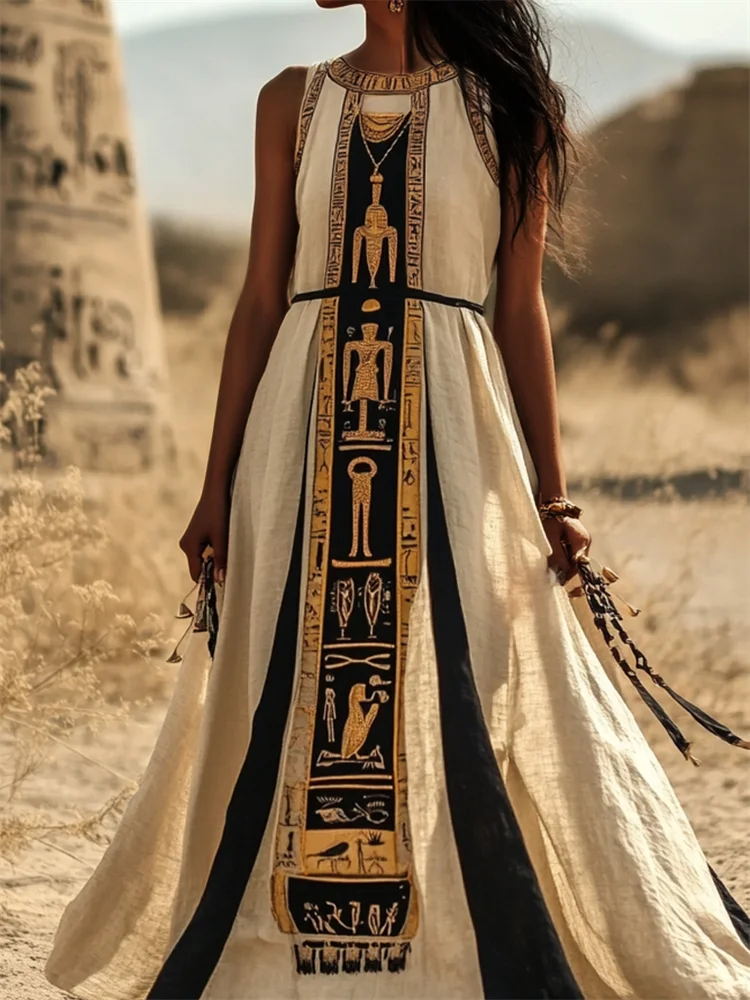 Vintage Ancient Egyptian Embroidered Contrast Linen Maxi Dress