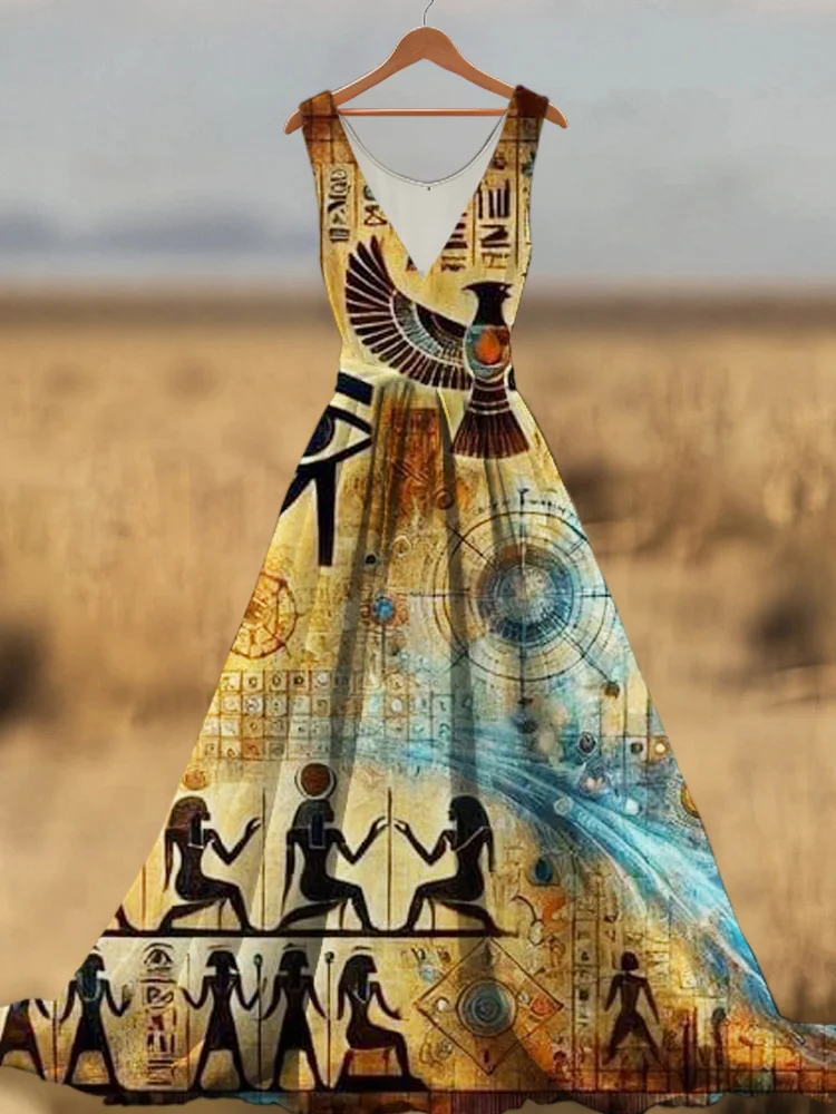 Vintage Egyptian Elements Printed Women's V-neck Linen Maxi Dress