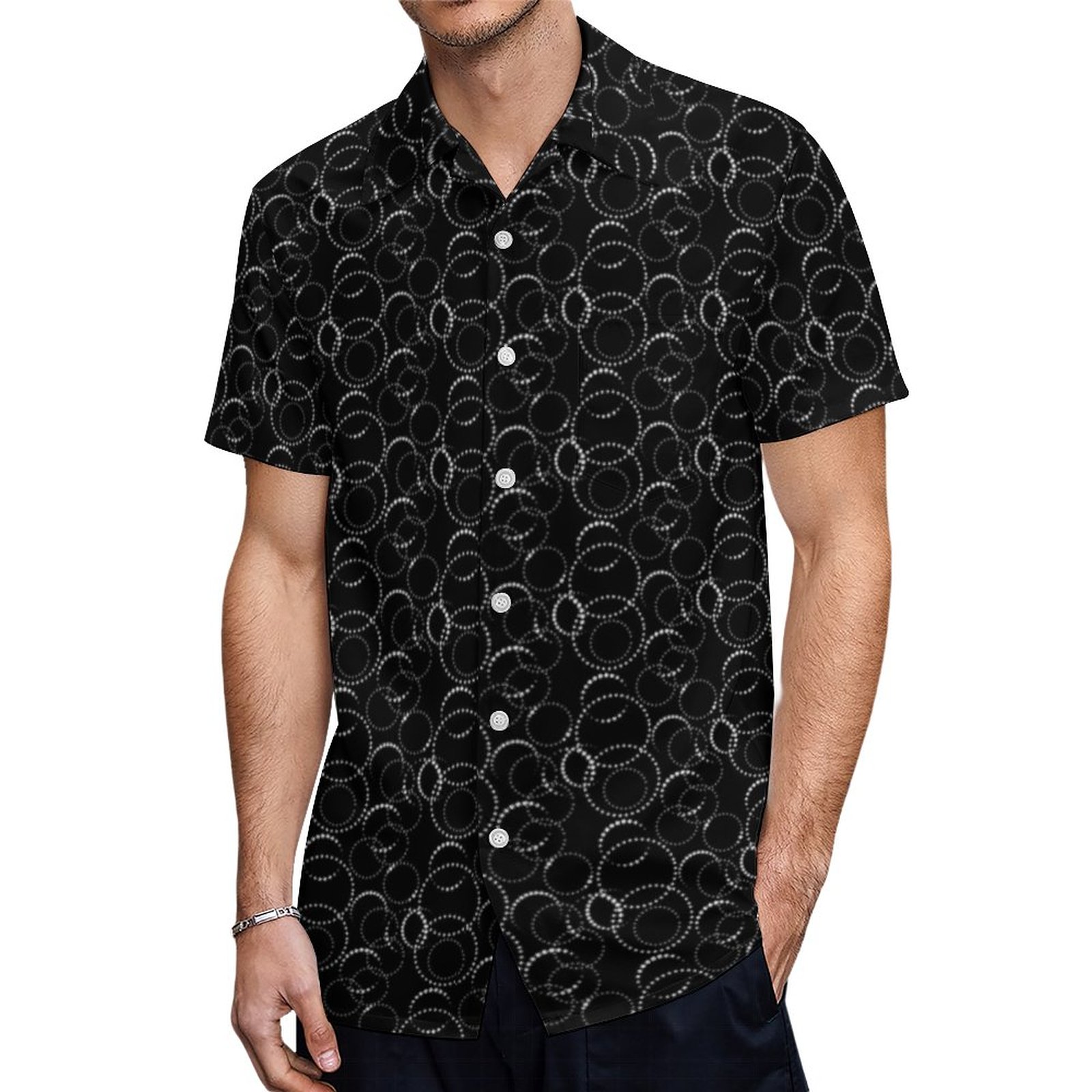 Black With White Inner Locking Circles Pattern Hawaiian Shirt Mens Button Down Tropical Hawaii Beach Shirts