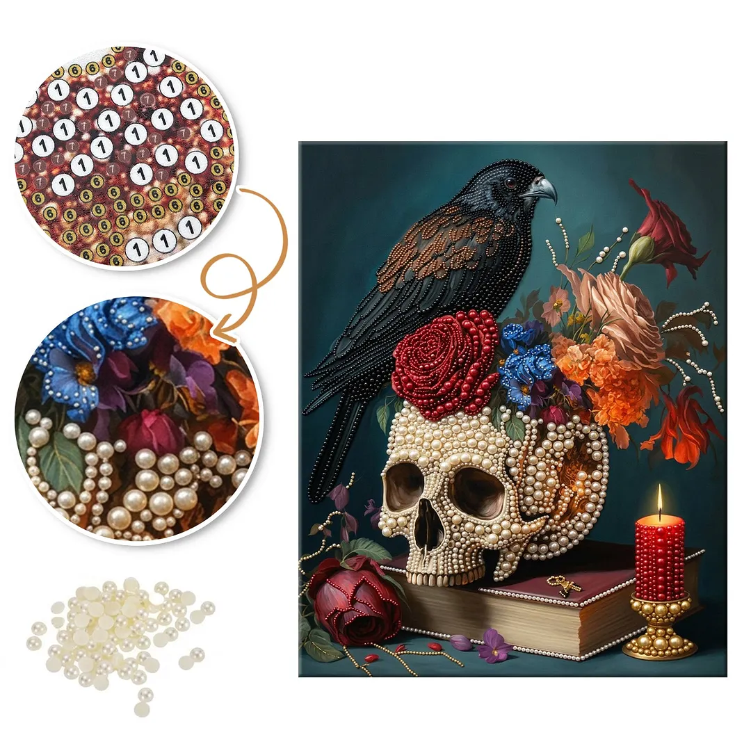 Raven Floral Skull - Pearls Painting