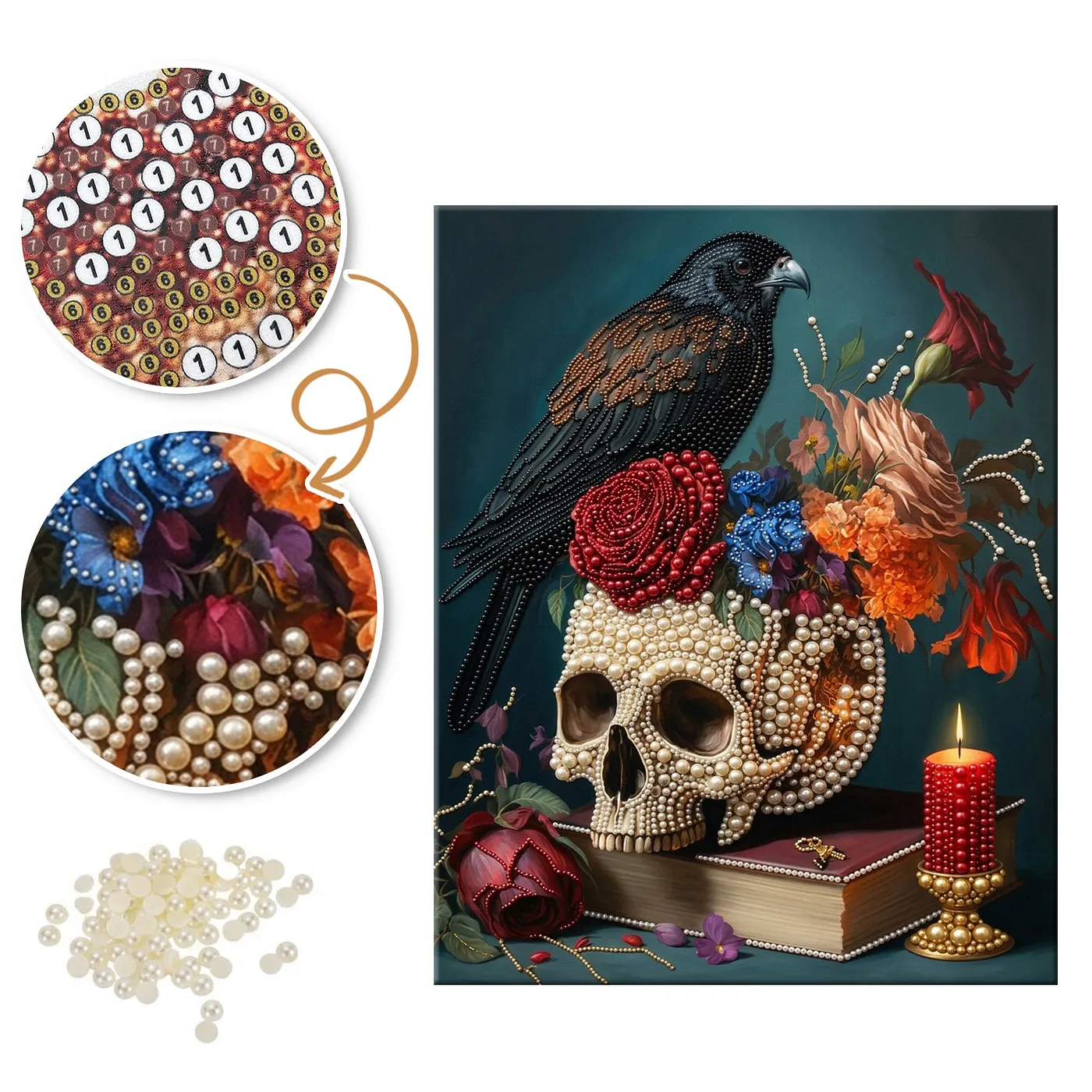 Raven Floral Skull - Pearls Painting
