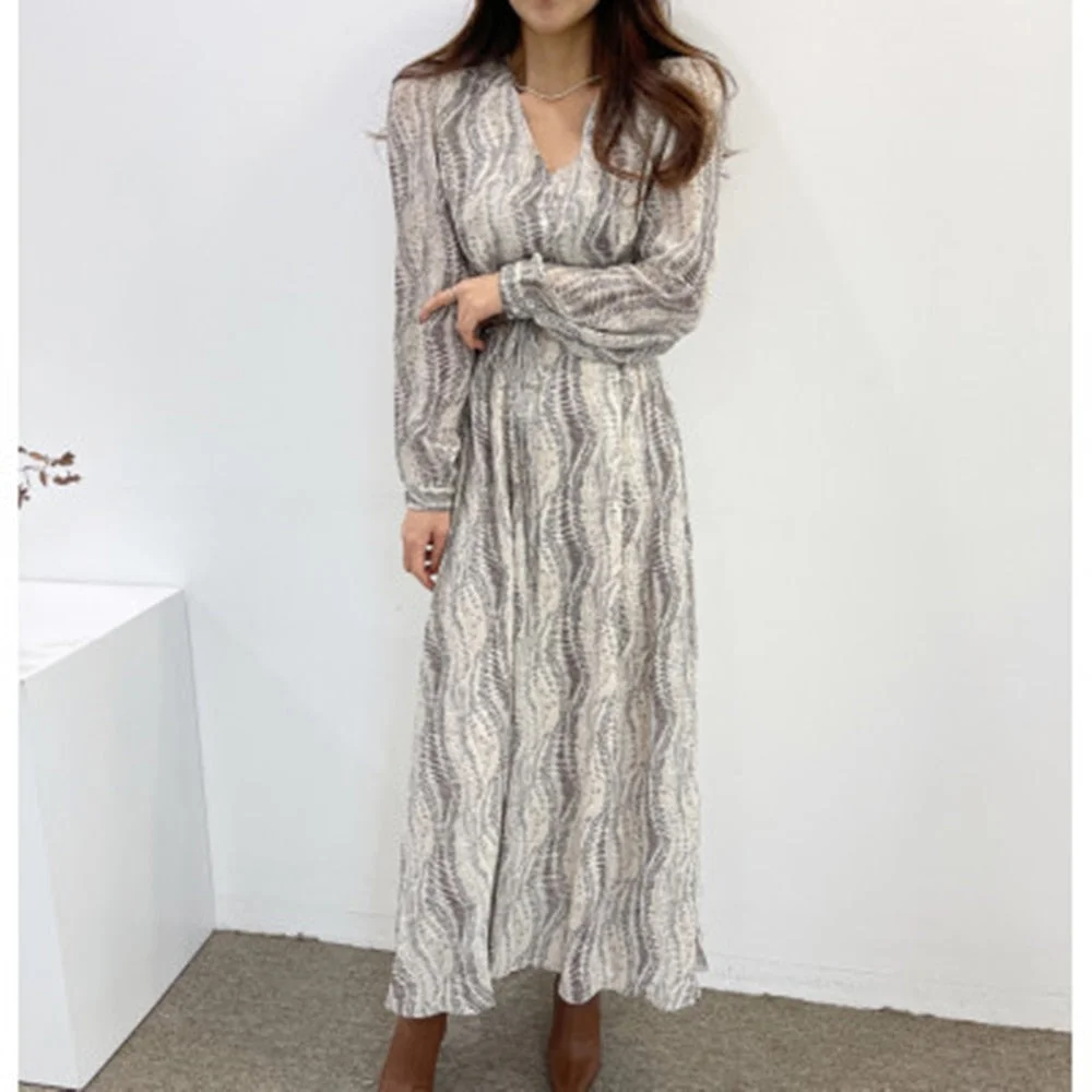 Spring Women V-neck Print Dress 2021 Female Full Sleeve Lace-up Waist A-line Vestidos Femme