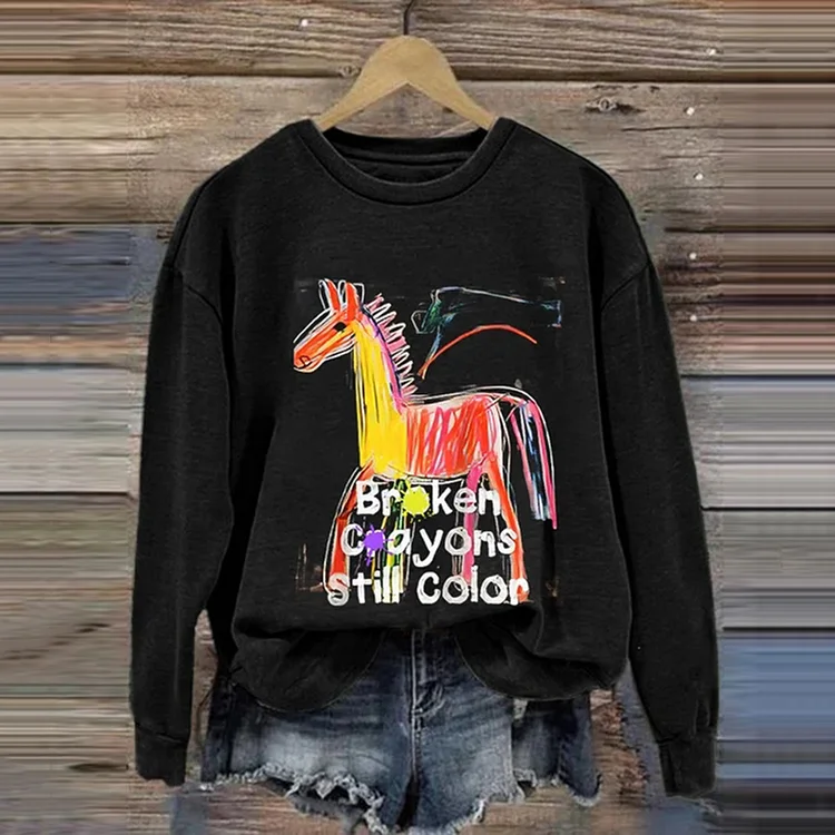 Casual Broken Crayons Still Color Printed Long Sleeve Sweatshirt