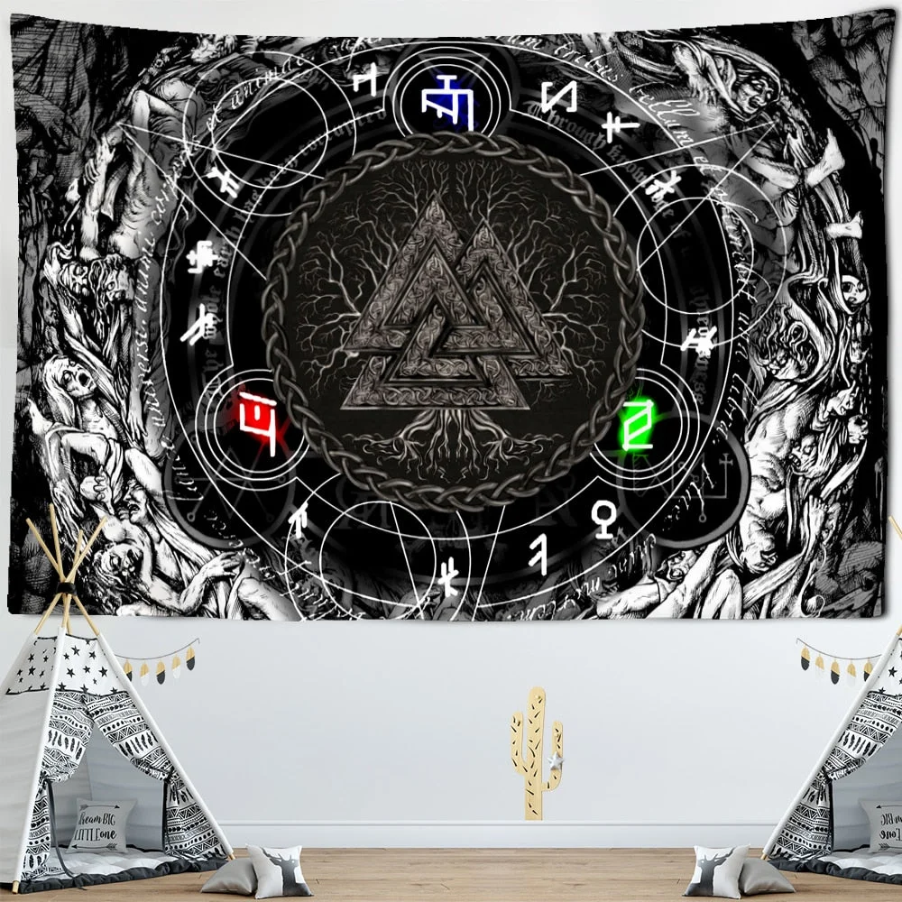 Vikings Tapestry wall Raven Mysterious Meditation Psychedelic Runes Art Wall Hanging Tapestries for Living Room Tarot Sun Moon