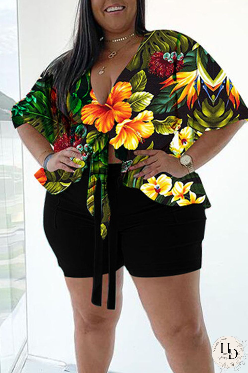 Blue Casual Print Bandage Split Joint V Neck Plus Size Two Pieces