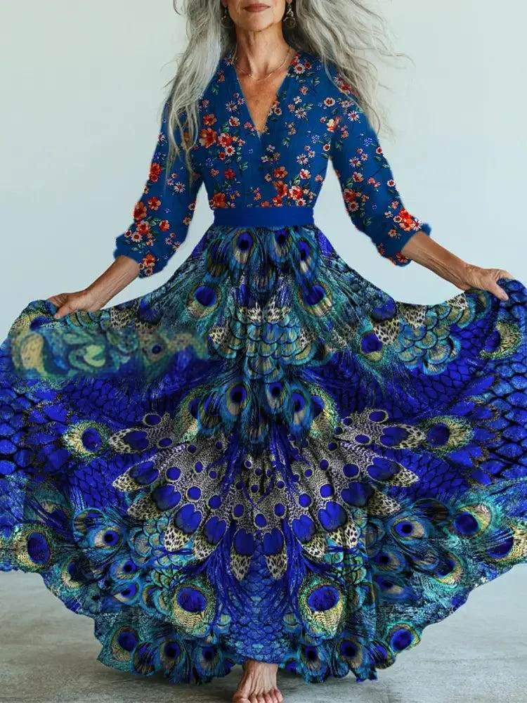 Retro Floral Art Printed Vintage V-Neck Long Sleeves Midi Dress