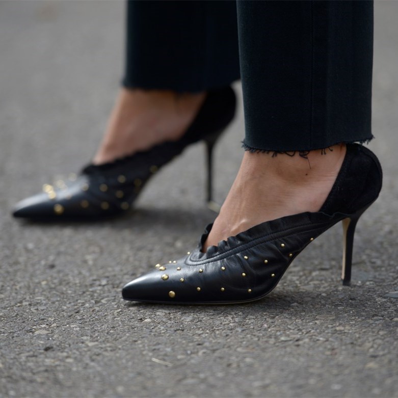 GOOSHOE Black Vegan Leather Pointed Toe Stiletto Heel Office Pumps with Studs
