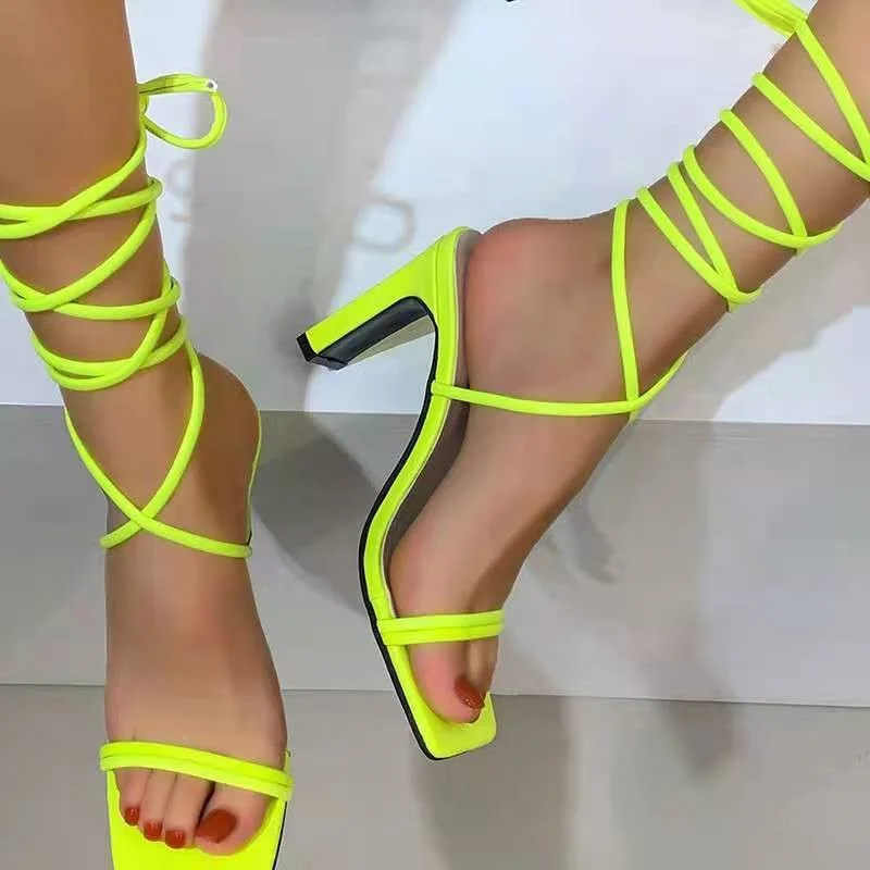 Vstacam Summer Fashion Green Ankle Cross Strap Women Sandals Sexy Lace Up Square Toe Female High Heels Party Shoes Ytmtloy Pumps
