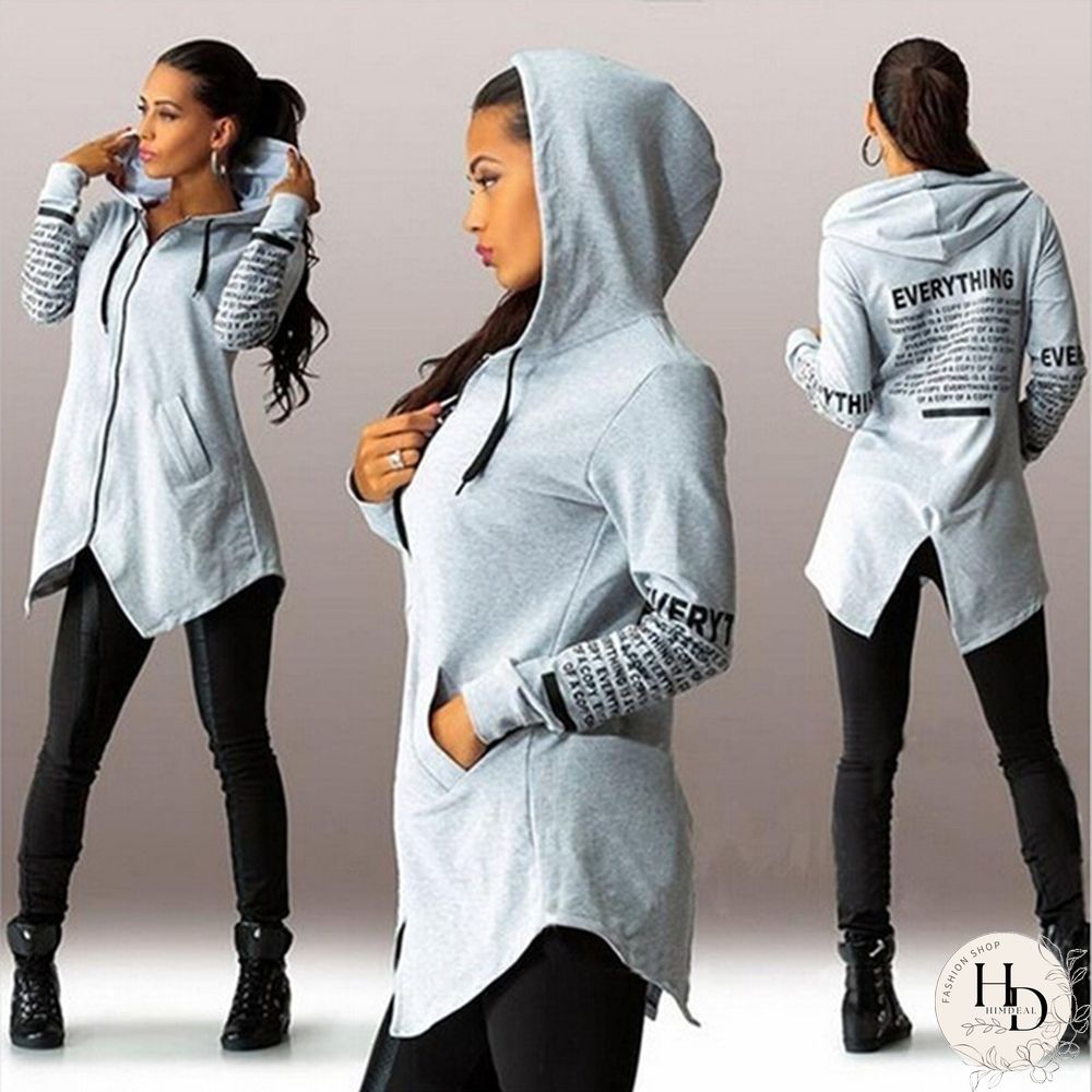 Women Fashion Letter Print Long Sleeve Hooded Coats Ladies V-neck Zipper Irregular Hem