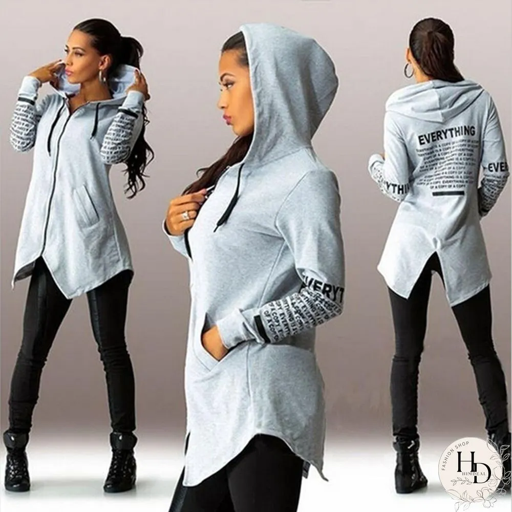 Women Fashion Letter Print Long Sleeve Hooded Coats Ladies V-neck Zipper Irregular Hem