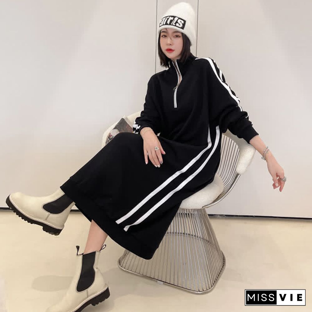 Plus Size Stripe Zipper Long Sleeve Loose Dress
