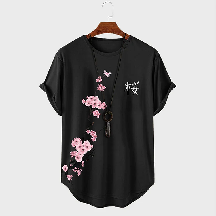 Japanese Cherry Blossoms Print Crew Neck Curved Hem Short Sleeve T-Shirts